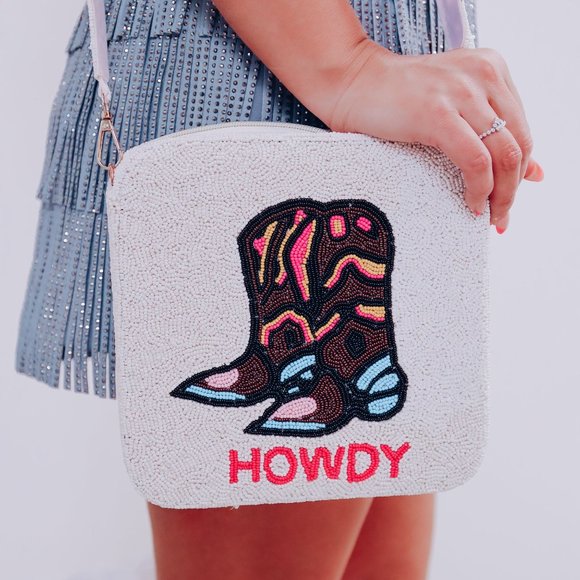 NEW HOWDY Cowboy Boots Country Western Beaded Crossbody Box Bag Handbag & Strap - Picture 3 of 4